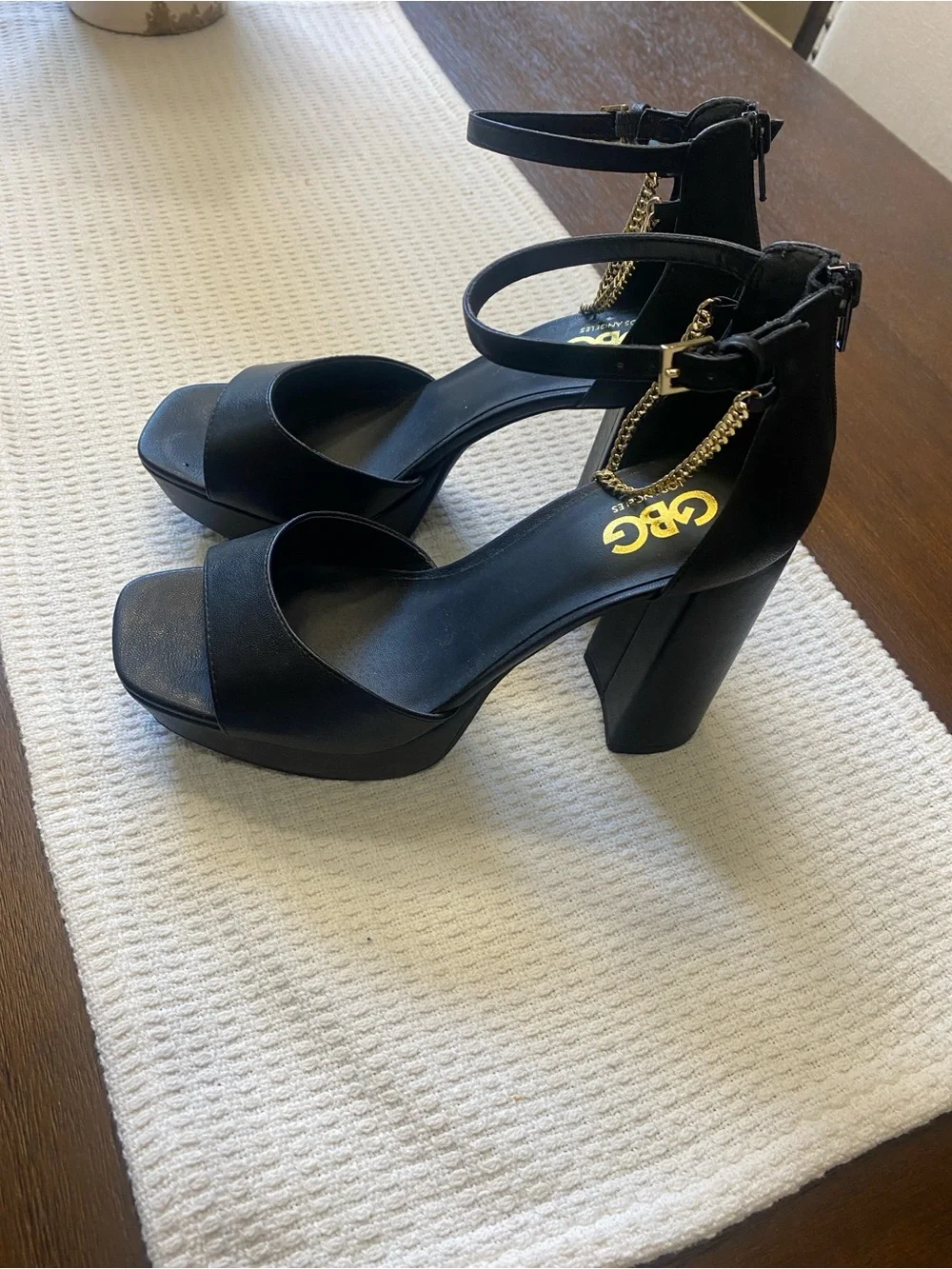 G by Guess Black Platform Block Heels with Gold Chain